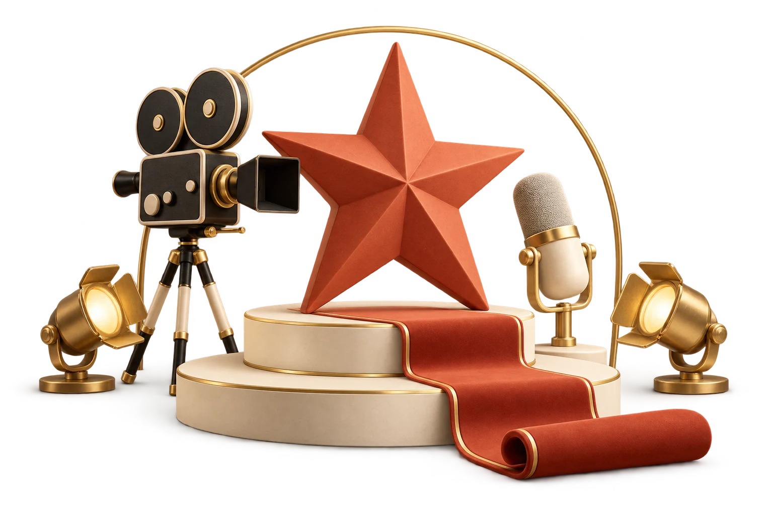 Warm ivory and terracotta 3D illustration of a star podium, film camera, microphone and red carpet