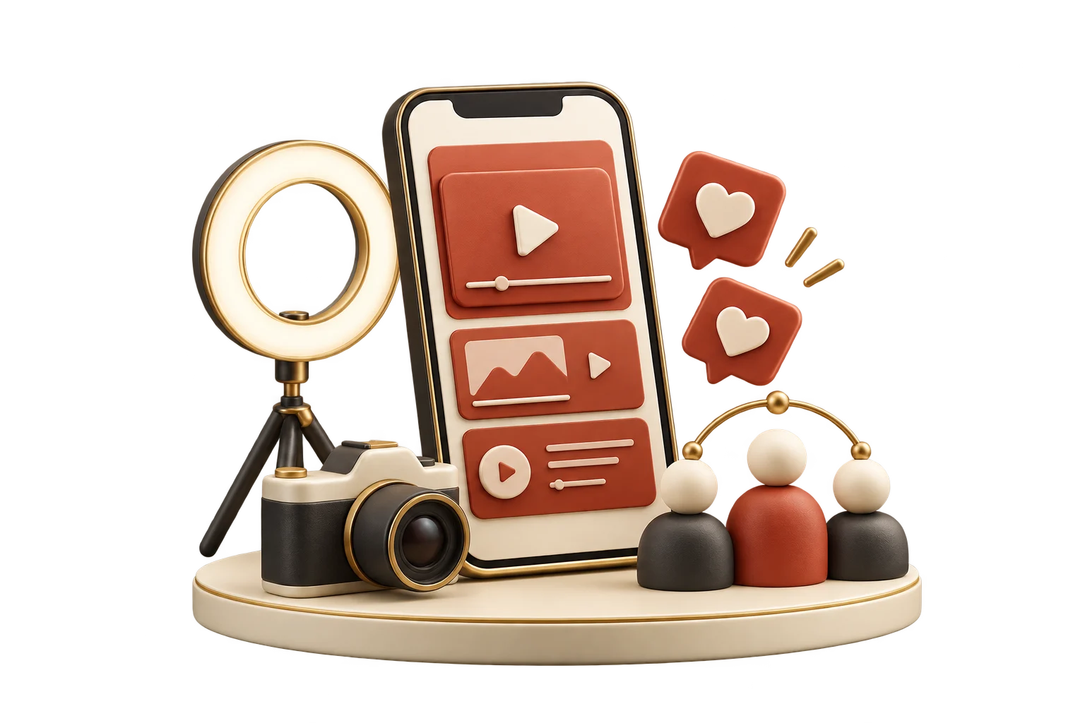 Warm ivory and terracotta 3D illustration of a creator phone, camera, ring light and audience