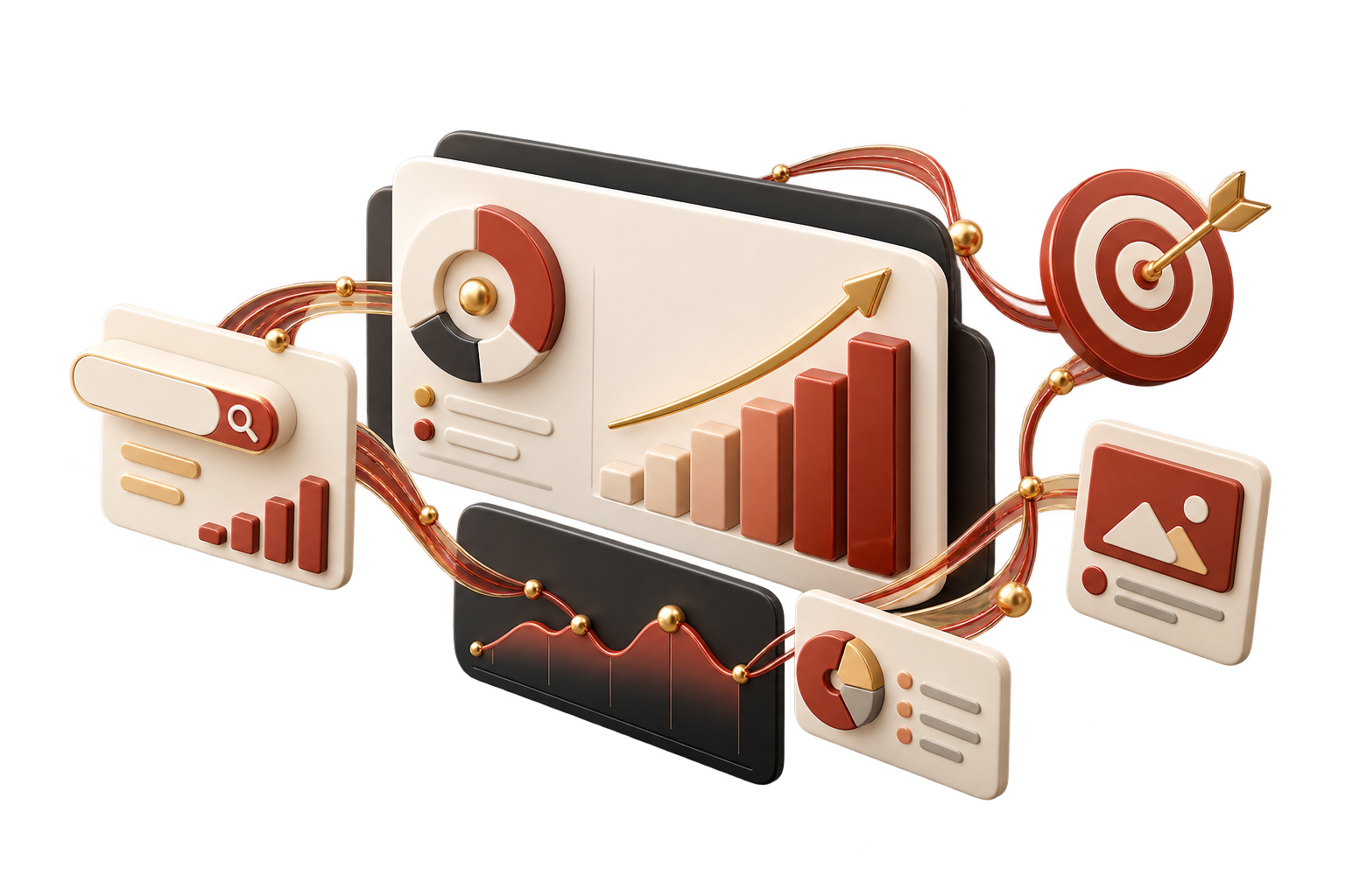 3D illustration of an advertising dashboard, charts and a target