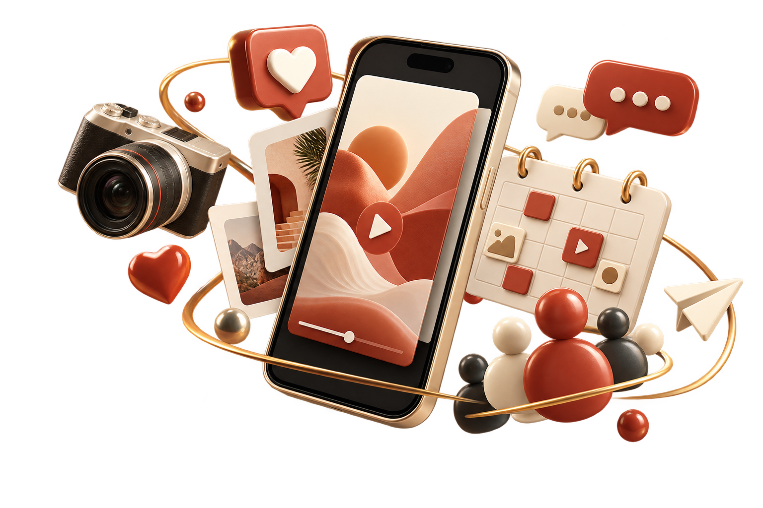 3D illustration of social video, content planning and community conversations
