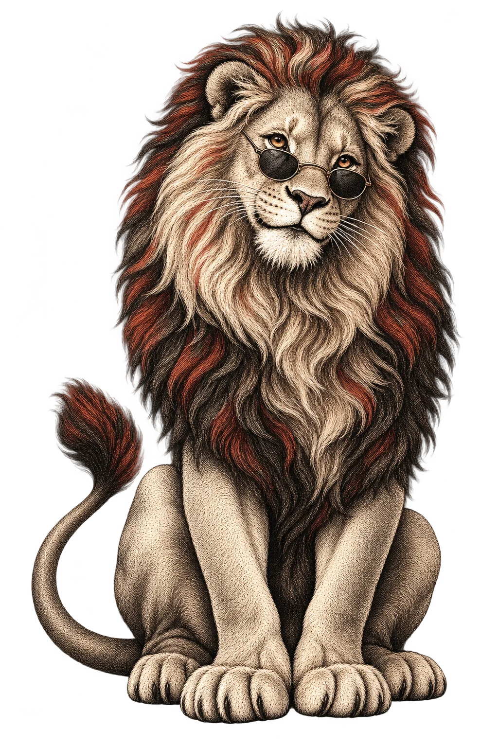 An engraved lion with round sunglasses